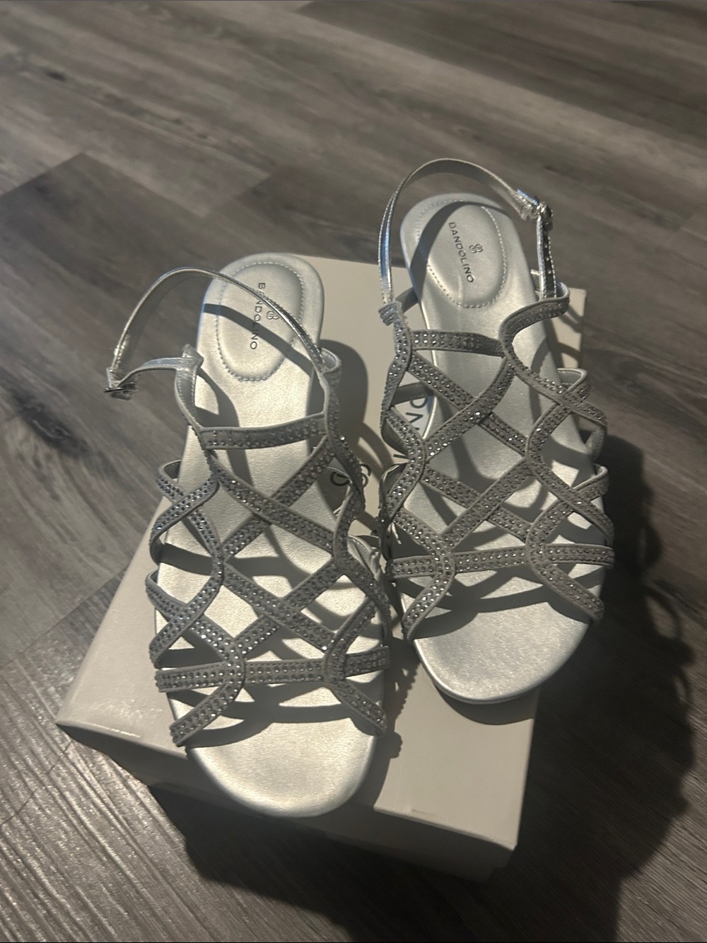 Bandolino Silver Crisscross Rhinestone Dress Sandals